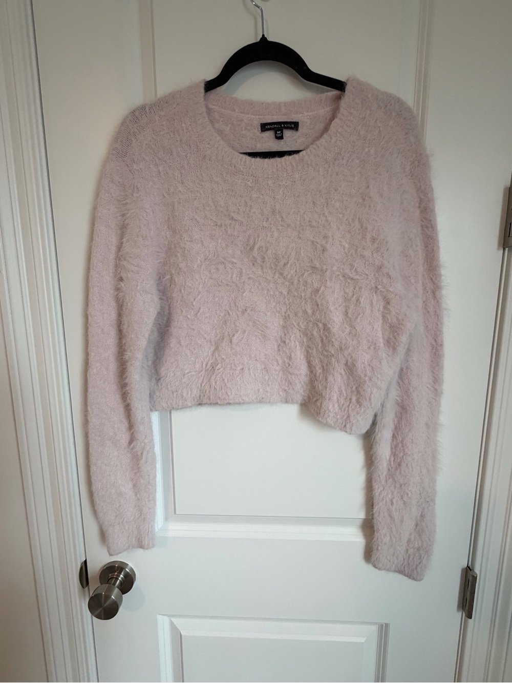 Kendall Kylie Fuzzy Cropped Crewneck Sweater Light Pink